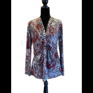 Bisou  Bisou Womens Large Paisley Stretchy Black Red Bell Sleeve Boho Blouse Top